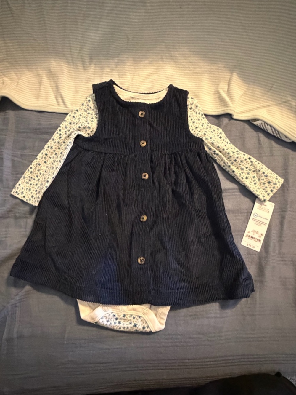 Carter's Navy Corduroy Button Front Dress with Floral Bodysuit